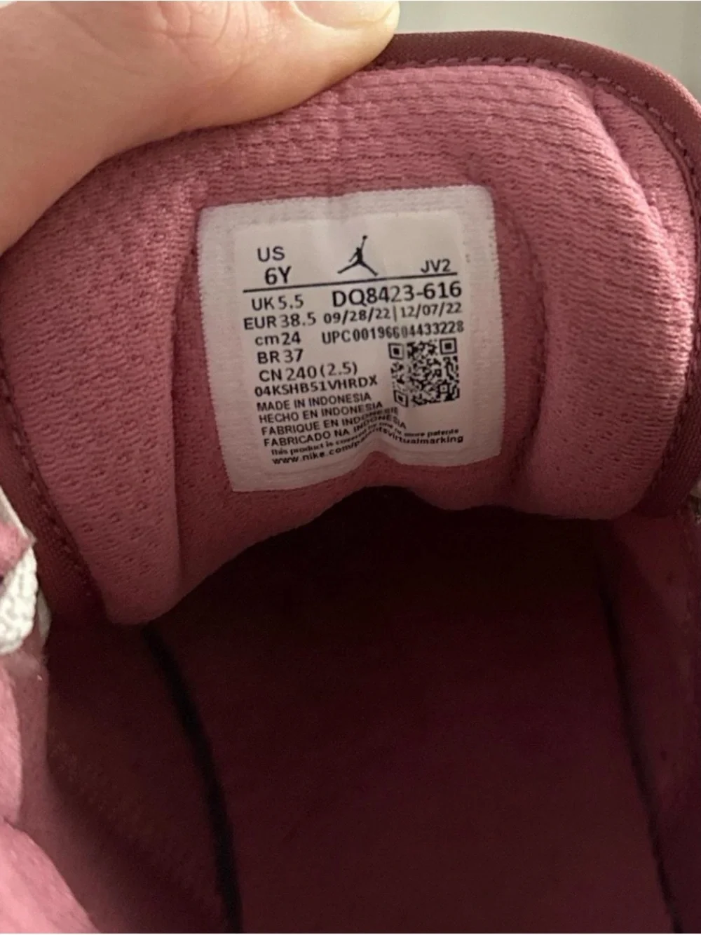 Jordan 1 Kids Pink and White Mid-Top Sneakers with Dark Pink Swoosh